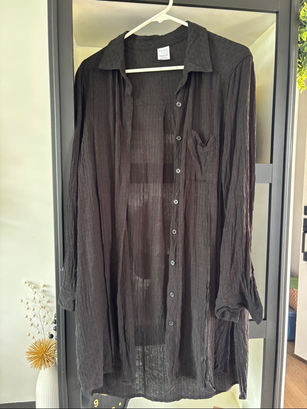 Time and Tru Black Semi-Sheer Casual Button-Down Shirt
